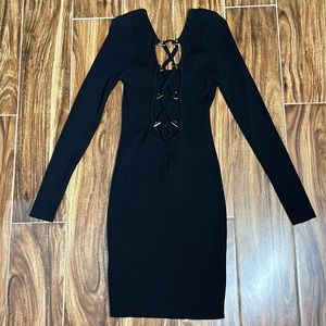 Fashionnova Ruched Long Sleeve Black Dress